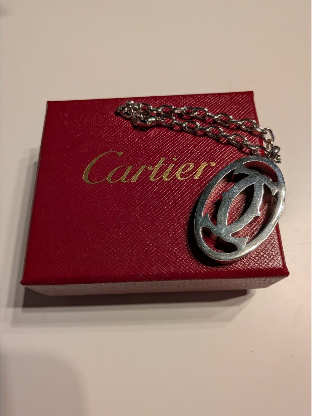 Cartier with Box! 2C Logo Silver Tone Key Ring Bag Top Charm Keychain